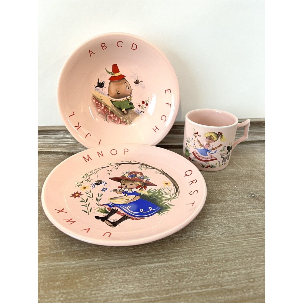 Vtg James Kent Old Foley England Nursery Rhyme Cup Bowl Plate‎ Set Pink Alphabet